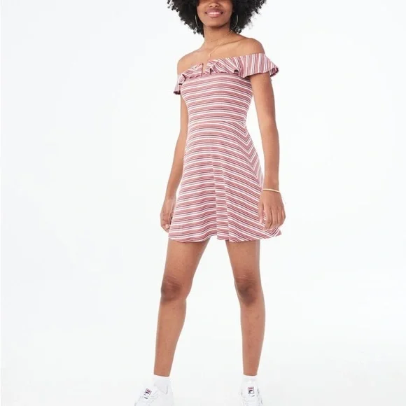 AEROPOSTALE Striped V-Wire Off-The-Shoulder Fit & Flare Mini Dress Size Small - Picture 8 of 12